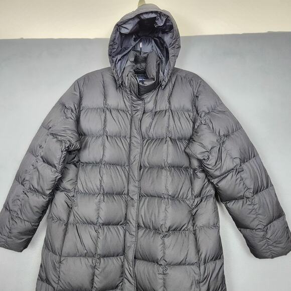 Lands End Goose Down Puffer Coat Large 14-16 Black Hooded Long Quilted Parka - Picture 5 of 13